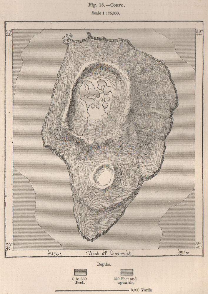 Corvo Island. Ilha do Corvo. Azores. Portugal 1885 old antique map plan chart